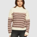 Pullover Lambswool Crew Neck Stripe Blocking brown stripe von KnowledgeCotton Apparel