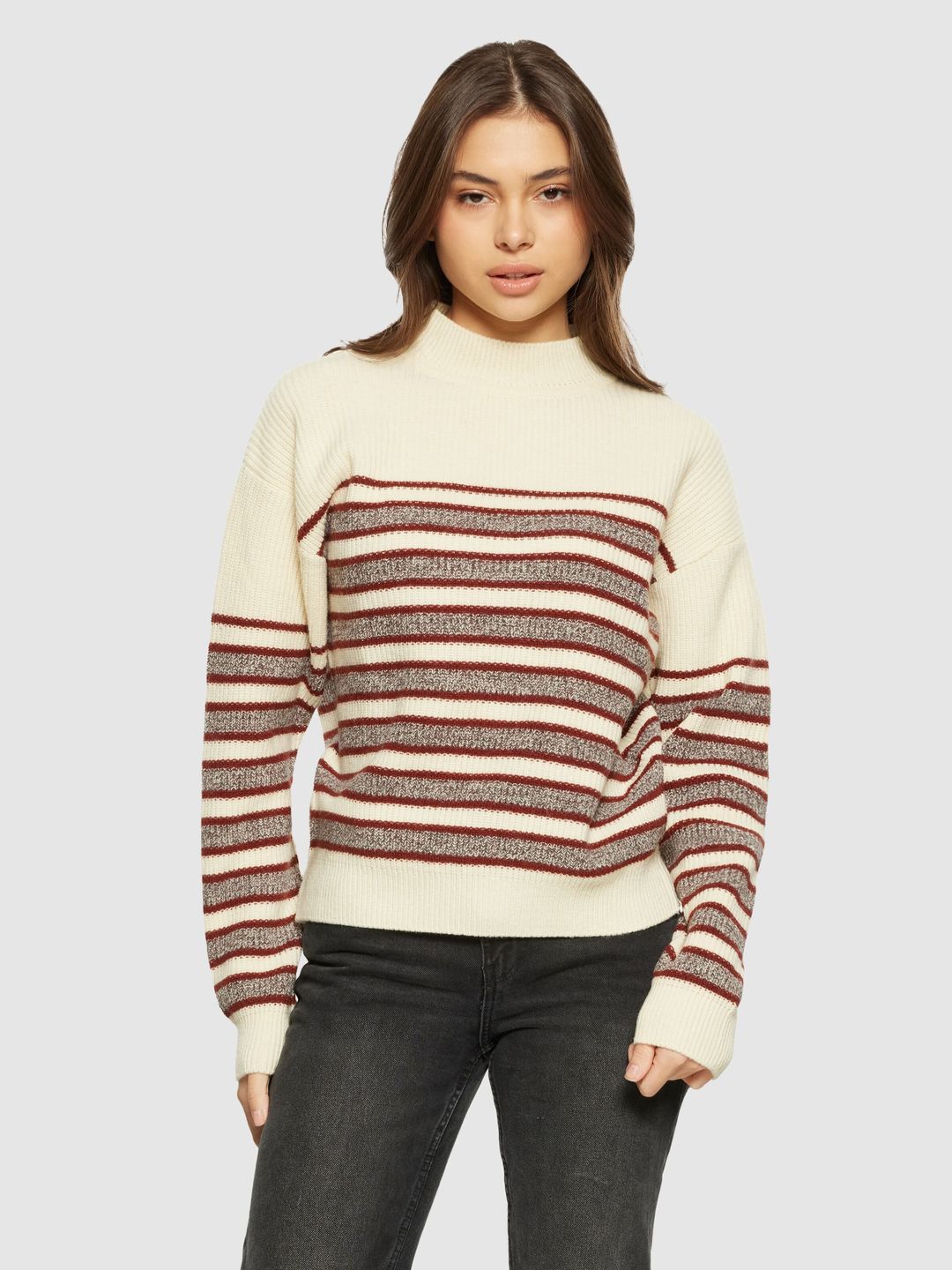 Pullover Lambswool Crew Neck Stripe Blocking brown stripe von KnowledgeCotton Apparel