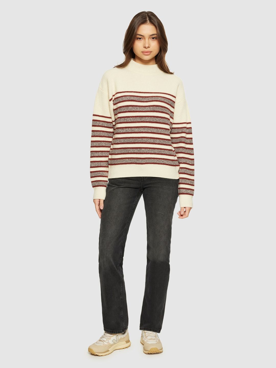 Pullover Lambswool Crew Neck Stripe Blocking brown stripe von KnowledgeCotton Apparel